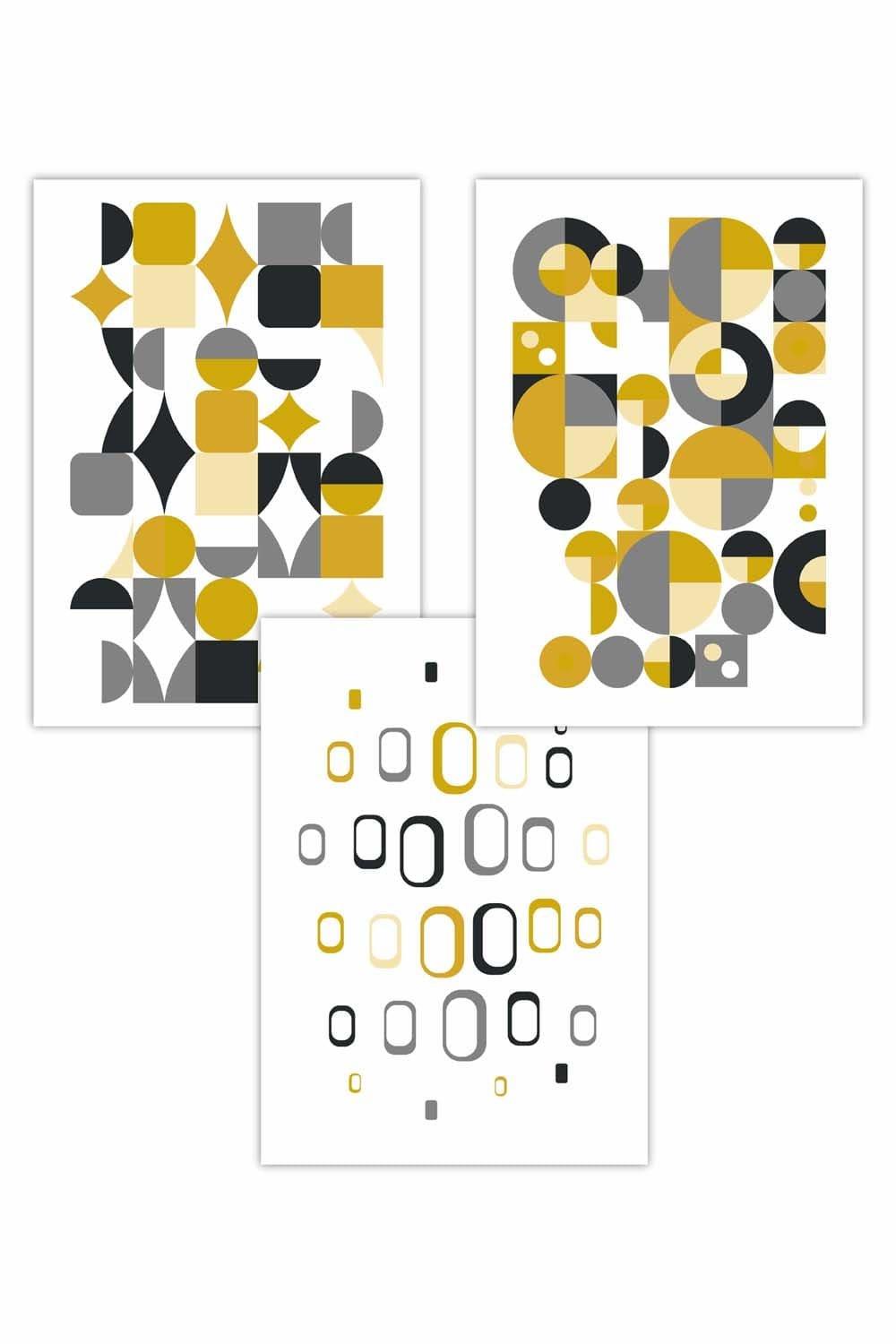 Set of 3 Mid Century Graphical Grey Yellow Art Posters